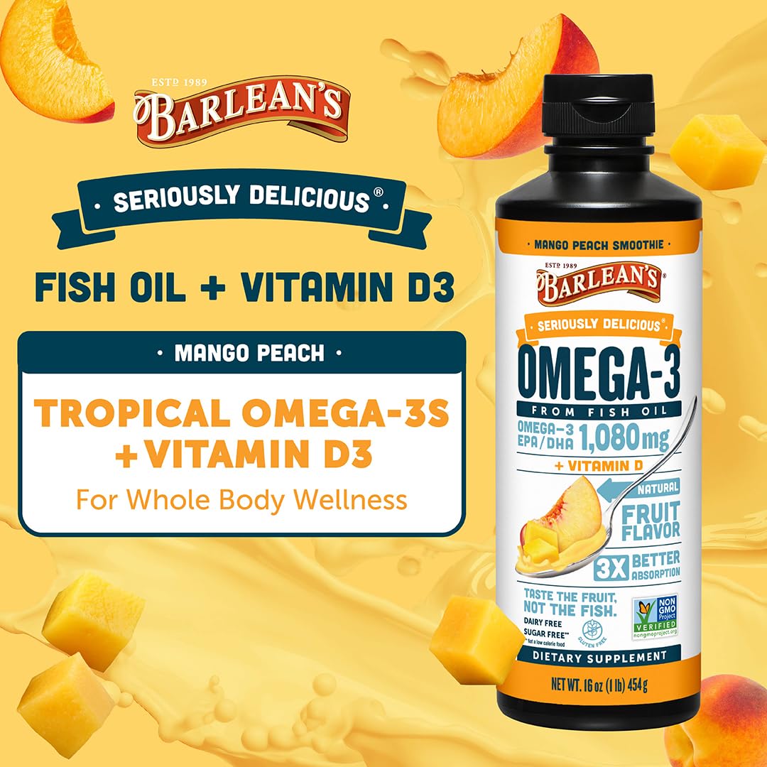 Barlean's Omega 3 Fish Oil Liquid Supplement with Vitamin D for Men and Women, 1080mg of EPA and DHA Fatty Acid, Promotes Brain & Heart Health - Non-GMO, Mango Peach, 16 oz Barlean'sBuy Supplements Australia