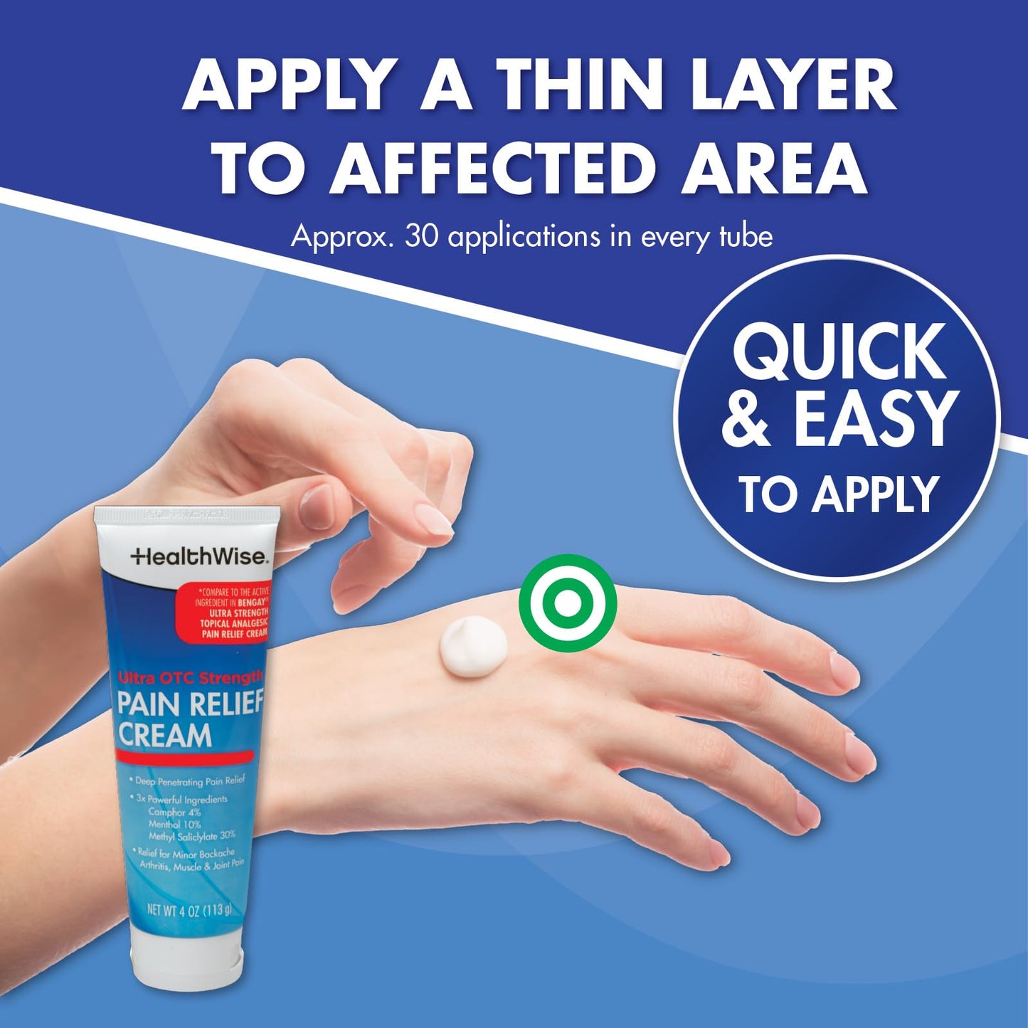 HealthWise Pain Relief Cream | Ultra OTC Strength | 4% Camphor + 10% Menthol + 30% Methly Saliclylate | Non-Greasy Formula | 4.0 Oz | Topical Analgesic HealthWiseBuy Supplements Australia