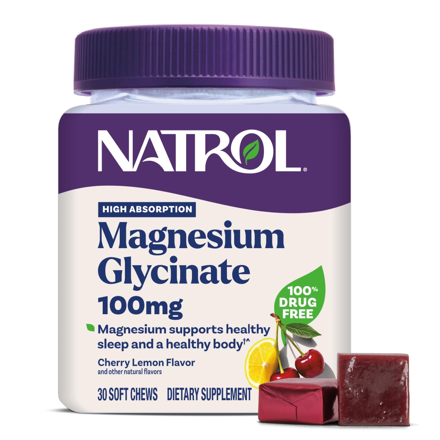 Natrol Magnesium Glycinate Supplements 100mg, Cherry Lemon Soft Chews for Healthy Sleep and Body, Magnesium Glycinate 100mg, Up to a 30 Day Supply NatrolBuy Supplements Australia