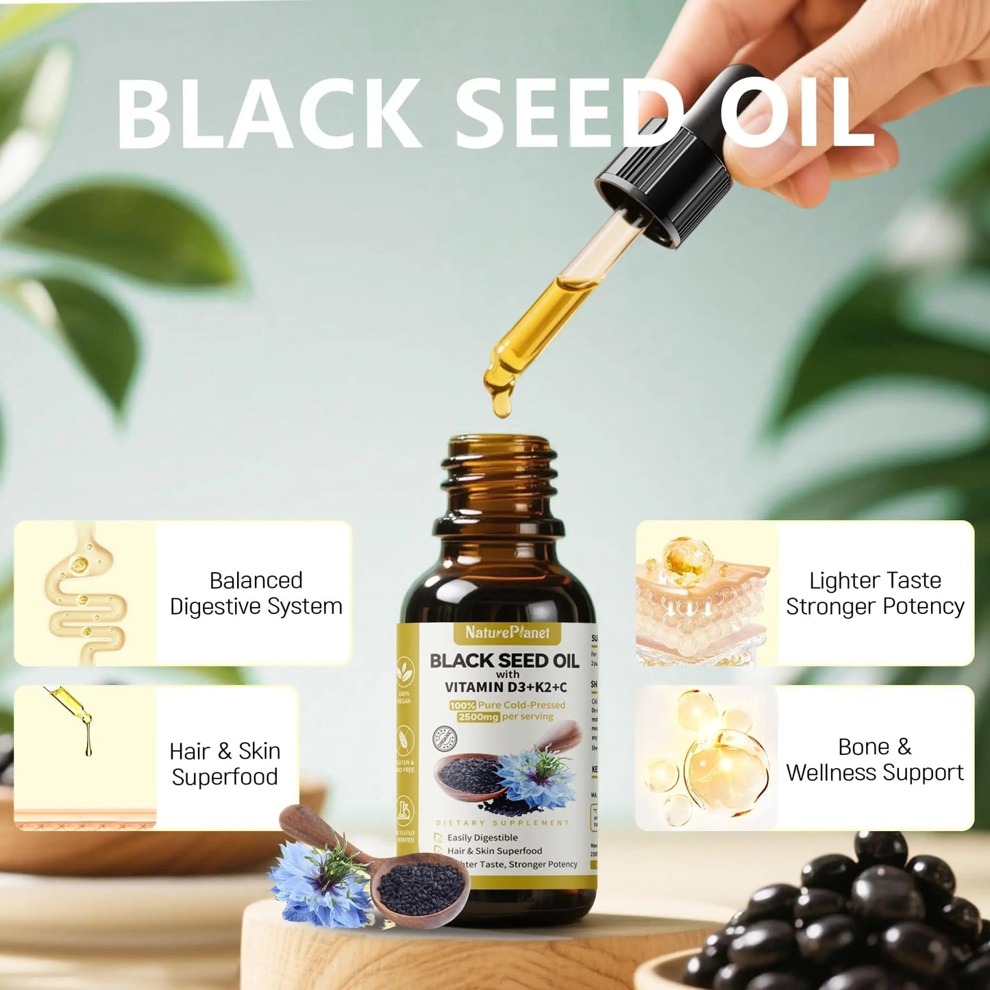 NaturePlanet Organic Soursop Bitters and Black Seed Oil Drops Bundles with Vitamins D3, K2, B6, C | NaturePlanet