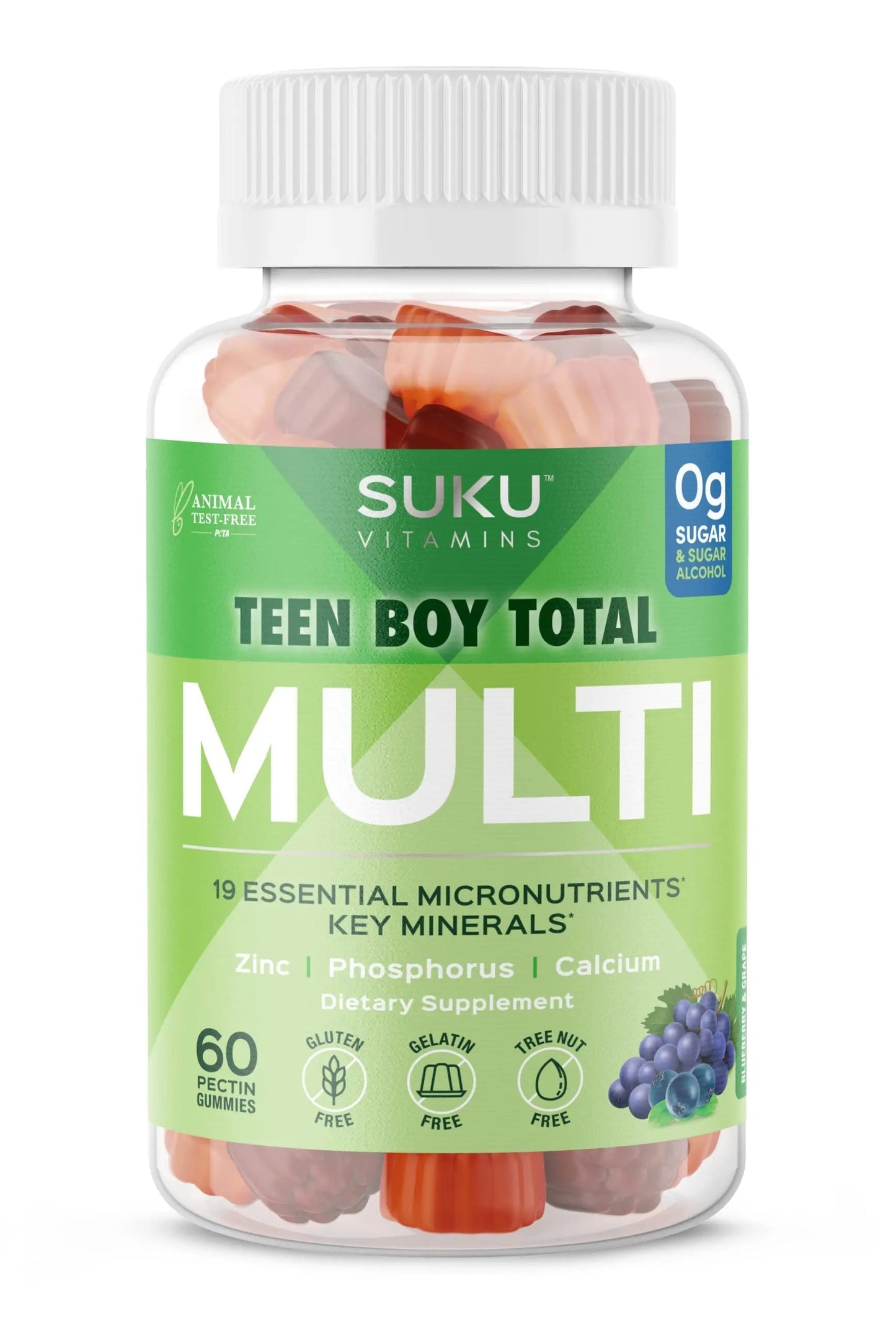 SUKU Teen Boy Multivitamin Gummies – Vitamins A, B12, C, D3, E, Zinc & Biotin – Sugar-Free Vegetarian Supplement SUKU