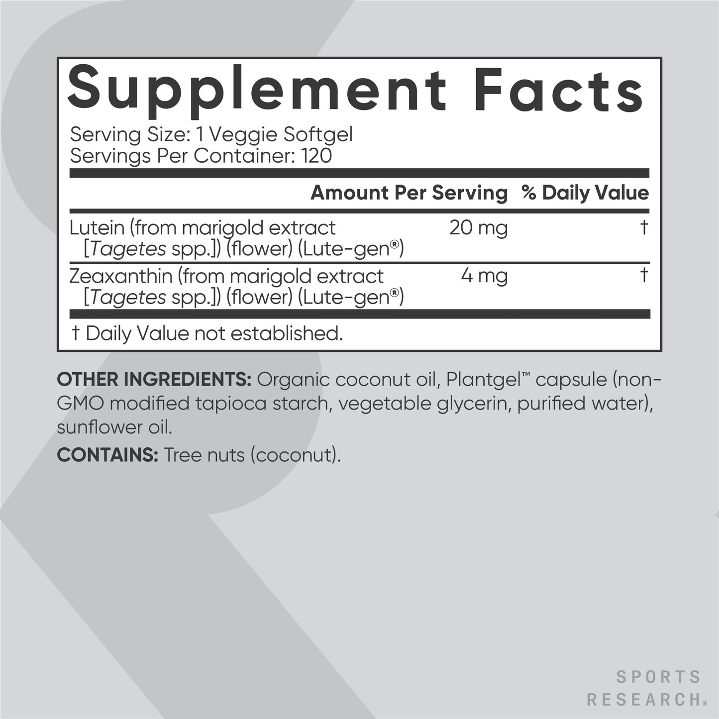 Sports Research Vegan Lutein + Zeaxanthin (20mg) with Organic Coconut Sports ResearchBuy Supplements Australia