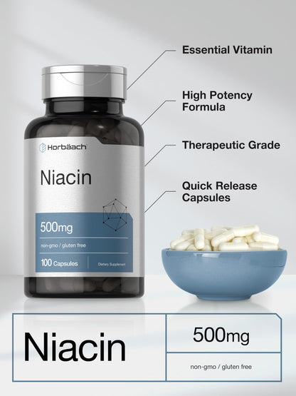 Niacin | Vitamin B3 500mg | 100 Capsules | with Flushing | Non-GMO, and Gluten Free HorbäachBuy Supplements Australia