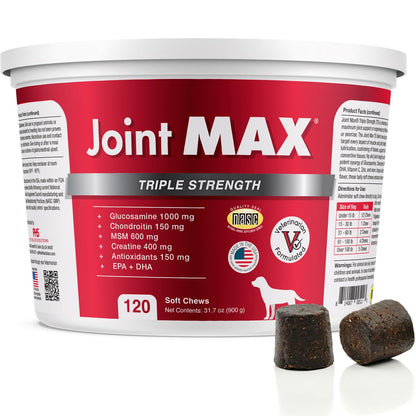 Joint Max TS Joint Supplement Vet Formulated Pain & Inflammation Relief Treats Hip Dysplasia & Arthritis, Glucosamine, Chondroitin, Turmeric, MSM, HA, Creatine, Omega 3 EPA + DHA.120 Soft Chews Joint MaxBuy Supplements Australia