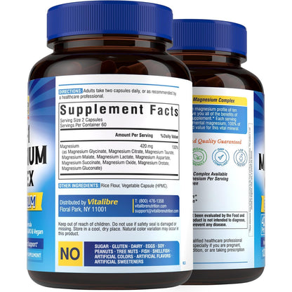 Vitalibre 10 in 1 Magnesium Complex, 420mg Elemental Magnesium | Ultra Strength, Max Absorption | Chelated Magnesium Supplement for Nerves, Bone & Heart Health