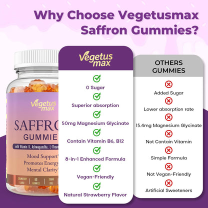Saffron Supplements Gummies, 88.5mg Pure Saffron Extract with Ashwagandha L-Theanine Rhodiola Rosemary Magnesium Vitamin B6 B12 for Mood Focus Support Adults Kids - 60 Count VEGETUSMAXBuy Supplements Australia