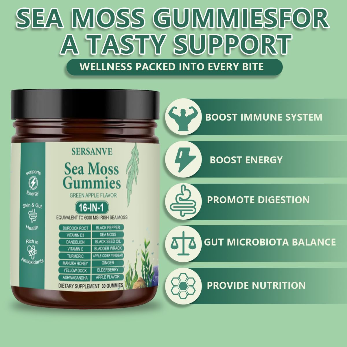 Sea Moss Gummies 16-in-1, with Black Seed Oil, Ashwagandha & Elderberry | Organic Irish Sea Moss Supplement for Men & Women | Daily Support with Manuka, Burdock Root & Vitamins C & D3, 30 Gummies SERSANVEBuy Supplements Australia