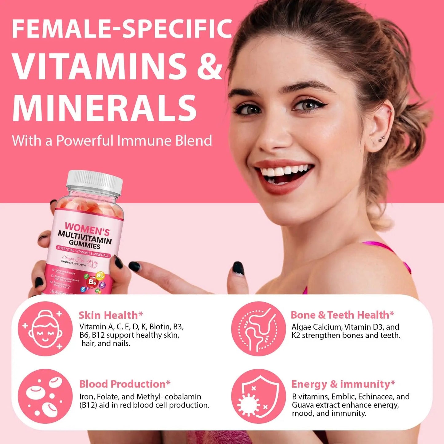 Women's Multivitamin Gummy, Vitamins A, C, D, E, K, B6, and B12 Womens Daily Multivitamin Gummy for Hair,Skin & Nails, Immune Energy Frovetani