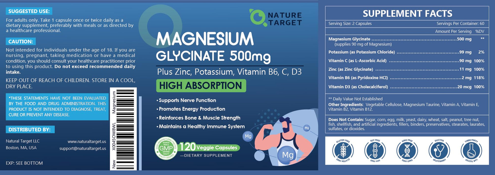 NATURE TARGET Magnesium Glycinate 500mg, Chelated Magnesium with Zinc & Vitamin D3 for Muscle, Nerve & Bone, Support Heart Health & Leg Cramp, Strength Immune System - 120 Capsules NATURE TARGETBuy Supplements Australia