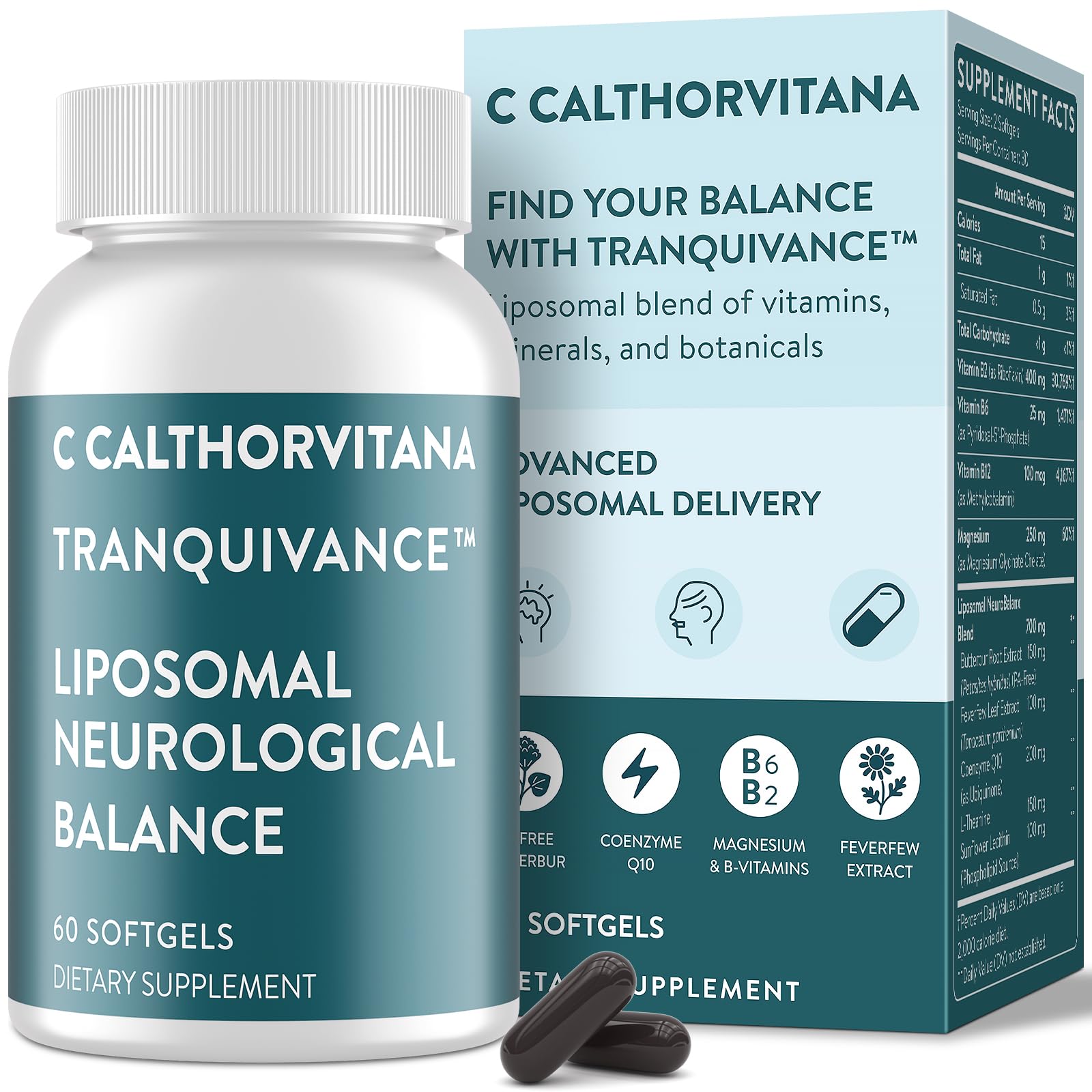 C Calthorvitana Migraine Relief Supplement – Liposomal Riboflavin, Vitamin B2 B6 & B12, Magnesium, CoQ10, L-Theanine, PA-Free Butterbur & Feverfew – Natural Head & Nerve – 60 Softgels C CalthorvitanaBuy Supplements Australia