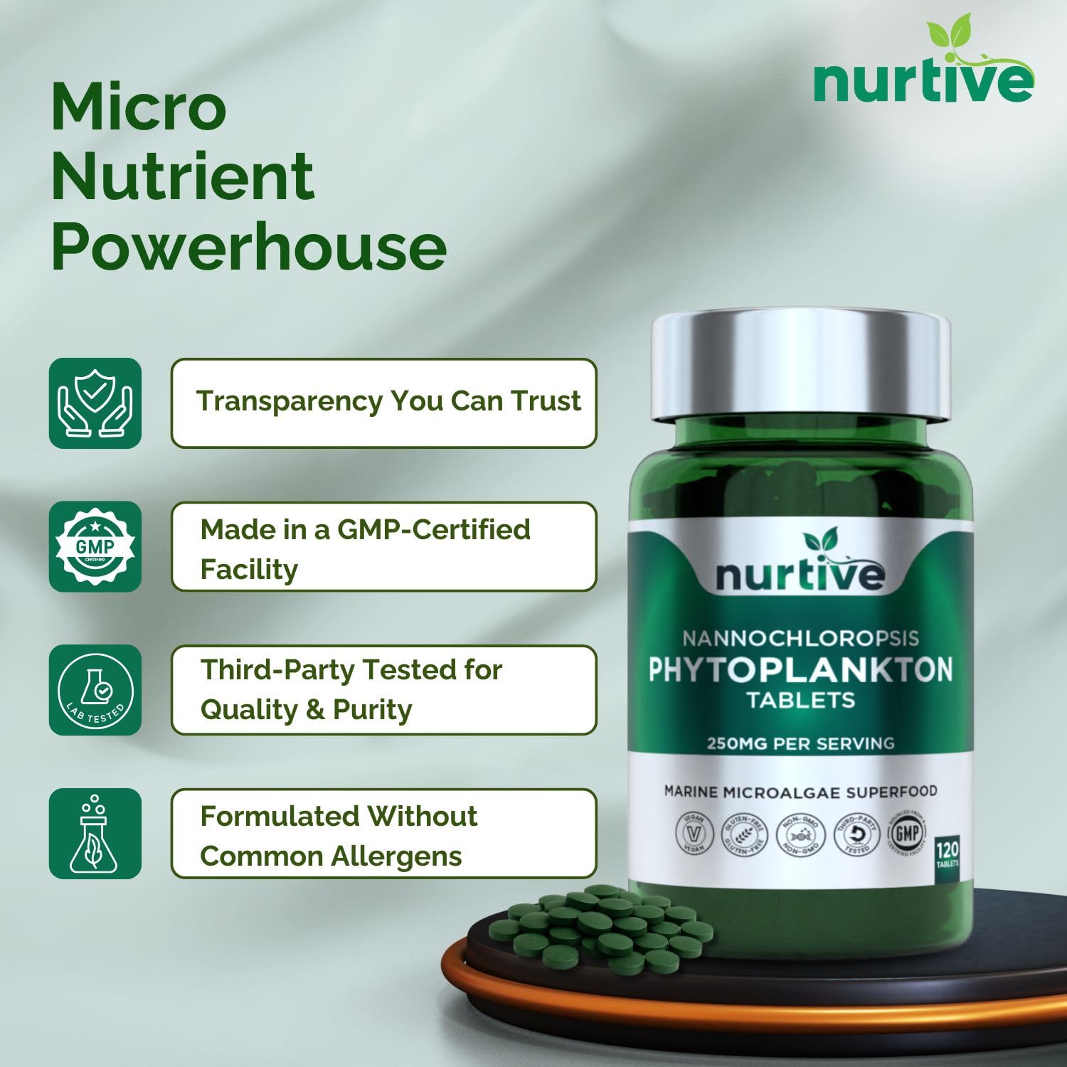 NURTIVE Nannochloropsis Phytoplankton Tablets – 250mg per Serving – Vegan, Gluten-Free, Non-GMO, No Fillers – Third-Party Tested, GMP Certified – 2 Tablets/Day for 2 Month, 120 Tablets/Bottle NURTIVEBuy Supplements Australia