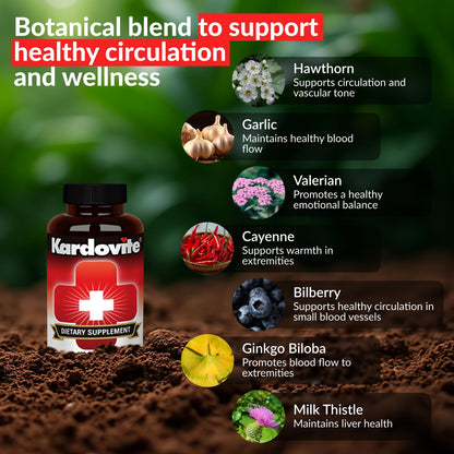 Kardovite Herbal Circulation Support Capsules 180s | Supports Circulatory Wellness with Hawthorn, Garlic, Ginkgo, Cayenne, Milk Thistle, Bilberry & Valerian | Supports Vitality & Daily Wellness KardoviteBuy Supplements Australia