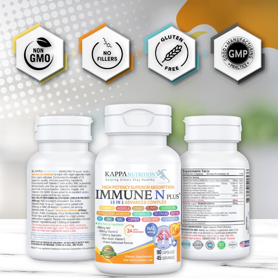 (60 Capsules), NAC 600mg, Quercetin 1,000mg, Vitamin C 500mg, Zinc 50mg, Vitamin D3 5,000iu, Selenium, Copper, Acerola, Ginger, Rutin, Citrus Bioflavonoids, Rose Hips, Echinacea, Immune N Plus 15 in 1 KAPPA NUTRITIONBuy Supplements Australia