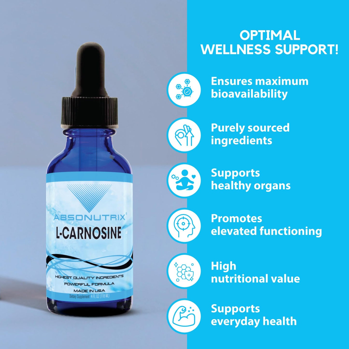 Absonutrix L-Carnosine - 583 mg 4 Oz Bottle, 200 Highly Potent Servings, Easy-to-Consume Drops, High Bioavailability, Third-Party Tested, GMP-Certified, Non-GMO, Cruelty-Free Products, Made in USA AbsonutrixBuy Supplements Australia