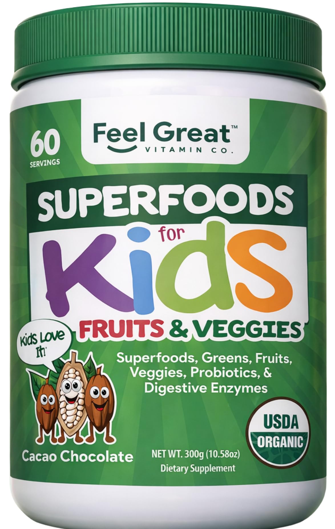 Feel Great USDA Organic Super Greens Powder for Kids - Cocao Chocolate | Fruit & Veggie Supplement | Superfood Powder with Probiotics & Digestive Enzymes for Digestive Health | 60 Days Supply The Feel Great Vitamin CompanyBuy Supplements Australia