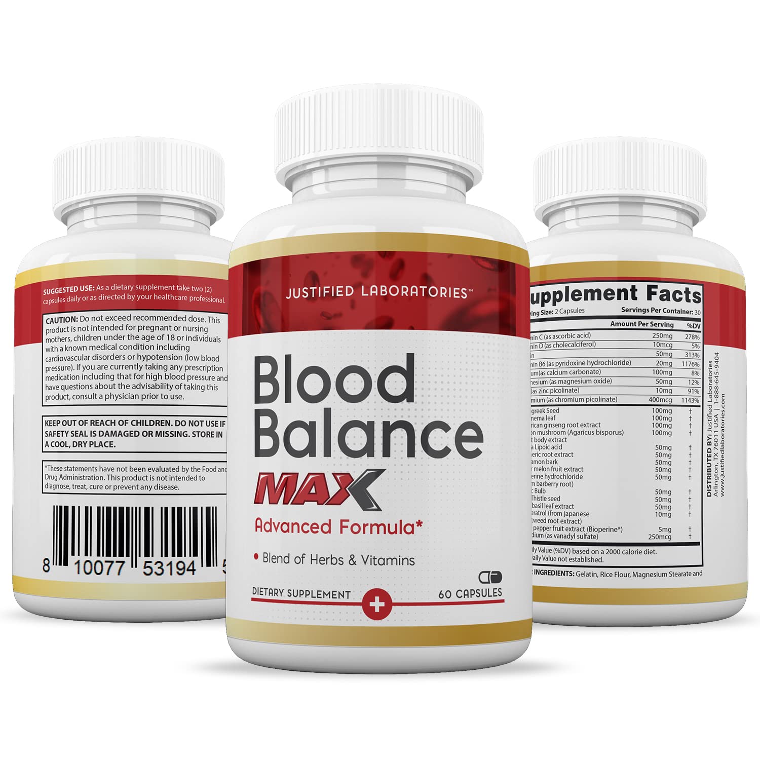 Justified Laboratories (3 Pack Blood Balance Max 1295MG Formula Supplement Pills Justified LaboratoriesBuy Supplements Australia