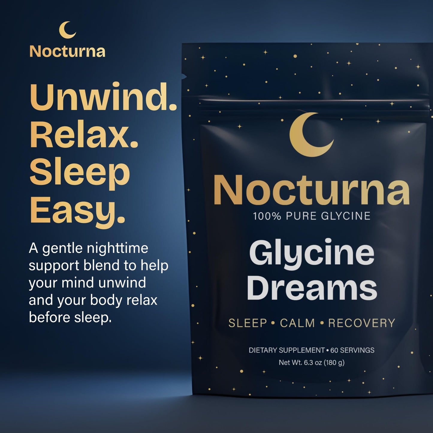 Nocturna Glycine Supplement – 100% Pure 3g Glycine Powder for Sleep, Calm & Recovery – USA Made Sleep Aid for Men & Women – Non-GMO & Completely Natural - 6.3Oz for 60 Servings NocturnaBuy Supplements Australia