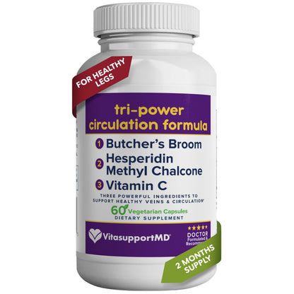 VITASUPPORTMD Tri-Power Circulation Formula - Circulation Supplement with Butcher's Broom, Hesperidin Methyl Chalcone, and Vitamin C, 60 Capsules, for Blood and Leg Circulation, Vein Health Support VITASUPPORTMDBuy Supplements Australia