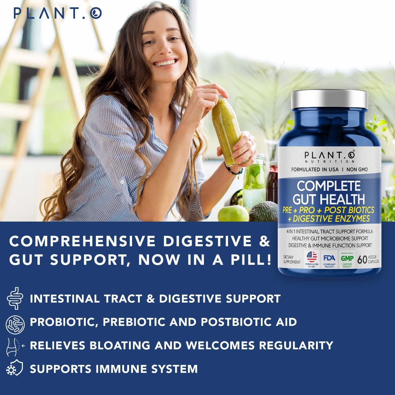 4-in-1 Prebiotic Probiotic & Postbiotic for Women & Men, Complete Gut & Digestive Support PLANT.O NUTRITIONBuy Supplements Australia