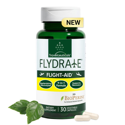 Flight-Aid | Replenishing Electrolyte Hydration Capsules Made for Travel, Jet Lag, Fatigue & Recovery | 9-in-1 Formula with Essential Electrolytes, Vitamins, Minerals & Bioperine® | 30 Capsules FlydrateBuy Supplements Australia
