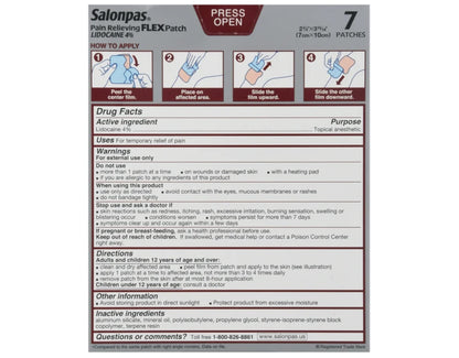 Salonpas Temporary Pain Relieving Flex Patch with Lidocaine 4%, Maximum OTC Strength, Stretchable Thin Fabric, Strong Adhesion, Contours to Body, Apply for Up to 8 Hours 7 ct (Pack of 2) SalonpasBuy Supplements Australia