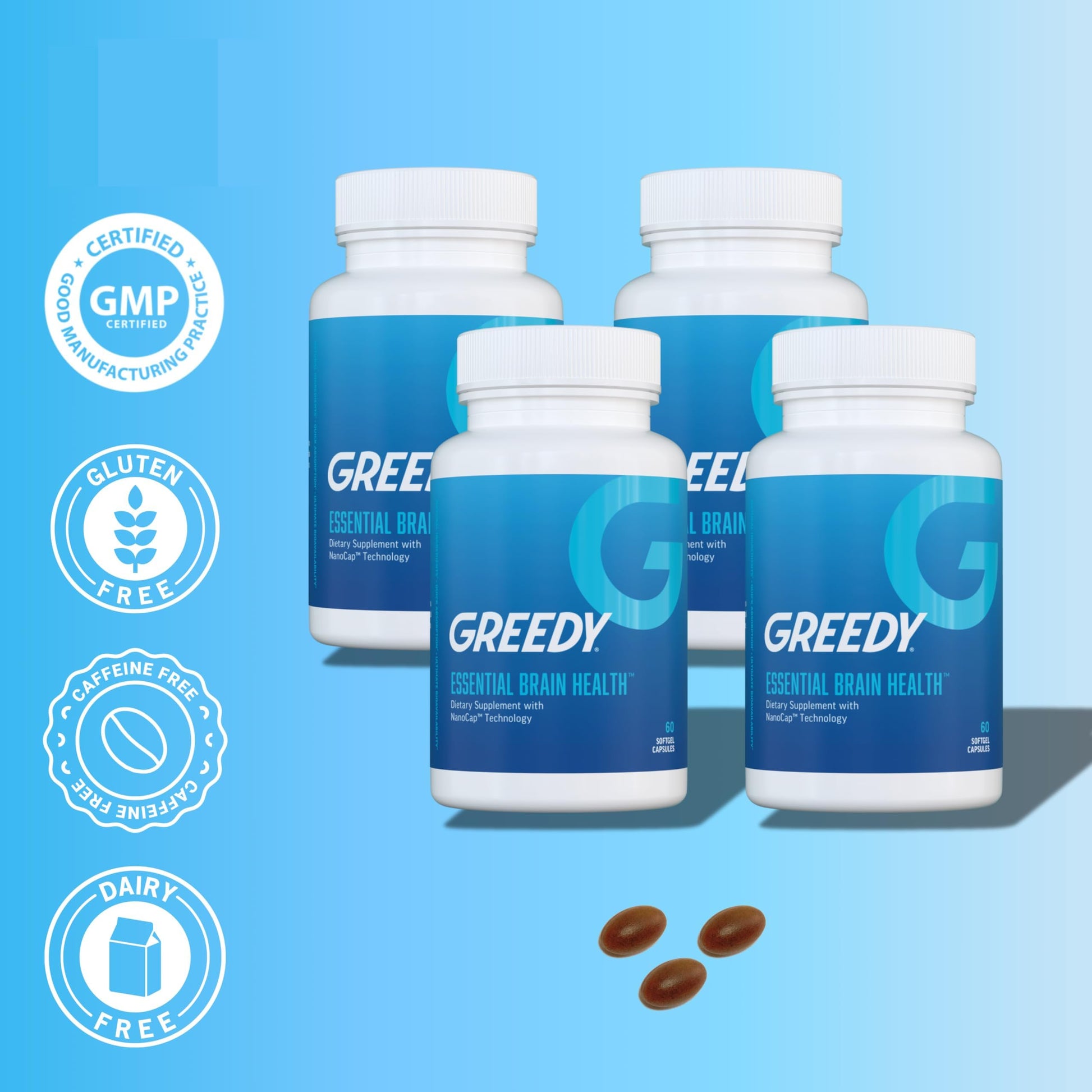 Essential Brain Health Supplements Nootropic for Memory and Focus – for Adults with NanoCap® Technology, Phosphatidylserine, Bacopa, Ginkgo Biloba, Omega 3, B6, B12, 60 Softgels by Greedy® Nutrition Platinum HealthBuy Supplements Australia
