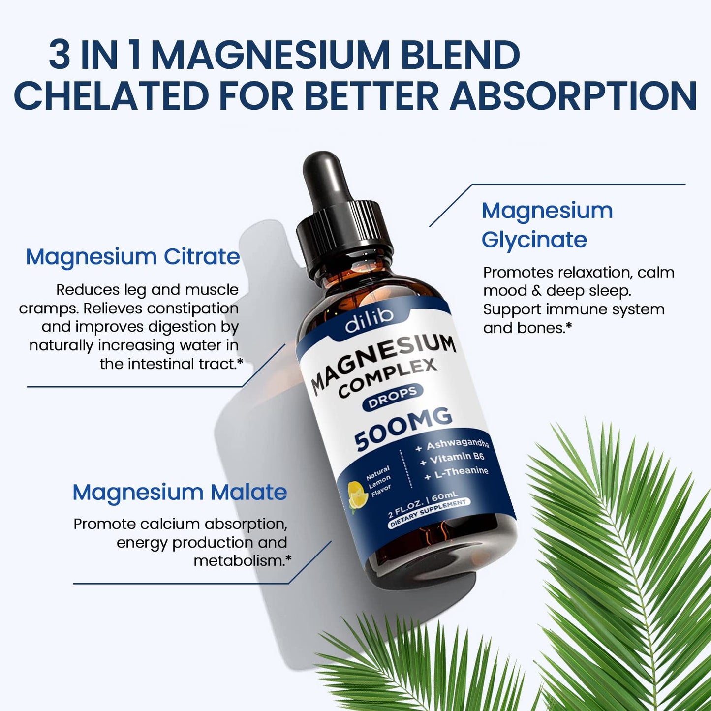 Magnesium Glycinate Liquid Drops, Triple Magnesium Complex Supplement with Citrate, Malate 500mg Ashwagandha, L-Theanine, Vitamin B6 for Sleep, Calm, Stress Relief, Bone, Muscle, Mood - Lemon Flavor dilibBuy Supplements Australia