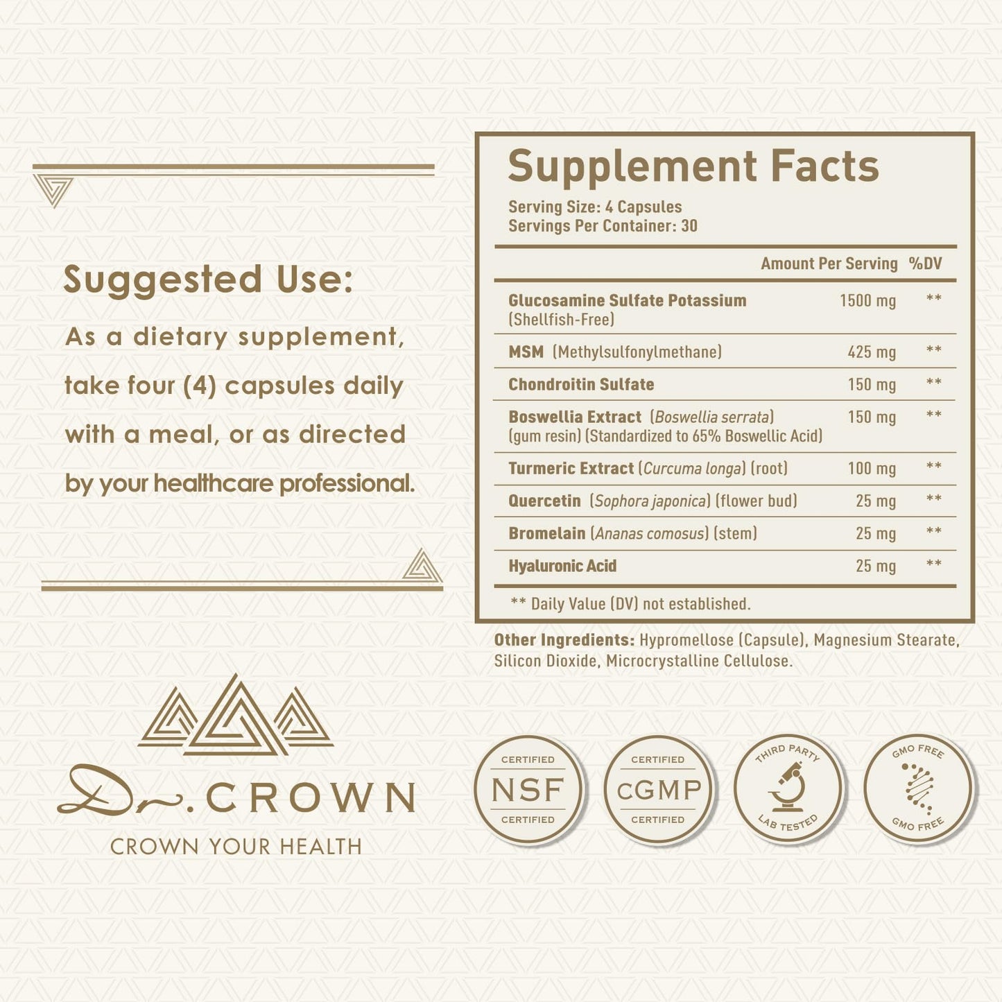 DR. CROWN Joints Health Suppplement, Glucosamine Chondroitin MSM - Joint Support Supplement for Women and Men with Turmeric, MSM &Boswellia, for Cartilage, Joint Health and Flexibility - 120 Capsules DR. CROWNBuy Supplements Australia