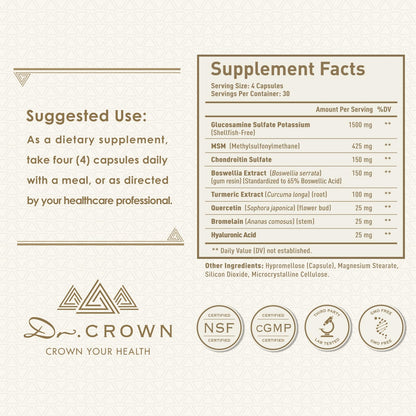 DR. CROWN Joints Health Suppplement, Glucosamine Chondroitin MSM - Joint Support Supplement for Women and Men with Turmeric, MSM &Boswellia, for Cartilage, Joint Health and Flexibility - 120 Capsules DR. CROWNBuy Supplements Australia