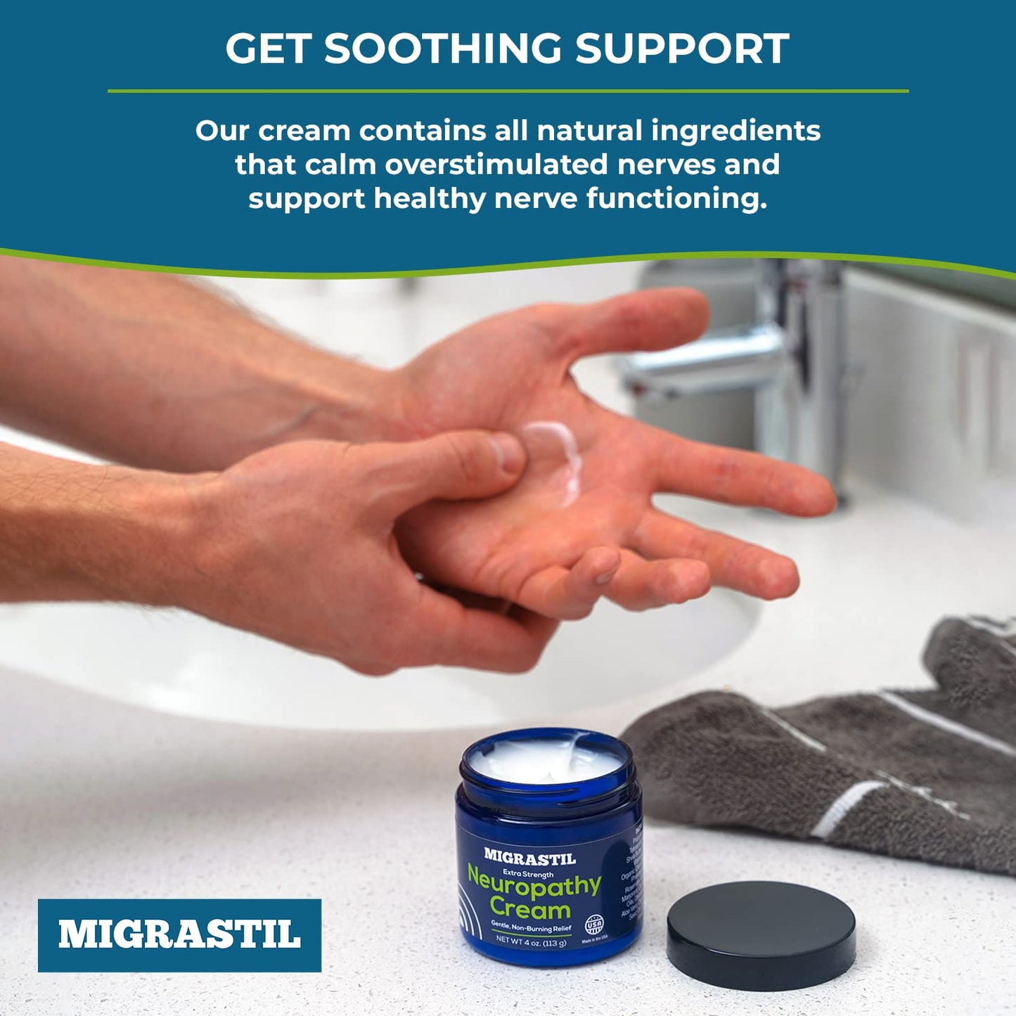 Basic Vigor Migrastil Neuropathy Relief Cream Extra Strength for Feet, Legs, and Hands. Made in The USA. Vegan and Cruelty-Free, Non-Greasy, Gentle, Non-Burning with Cooling Effect (4 oz.) Basic VigorBuy Supplements Australia