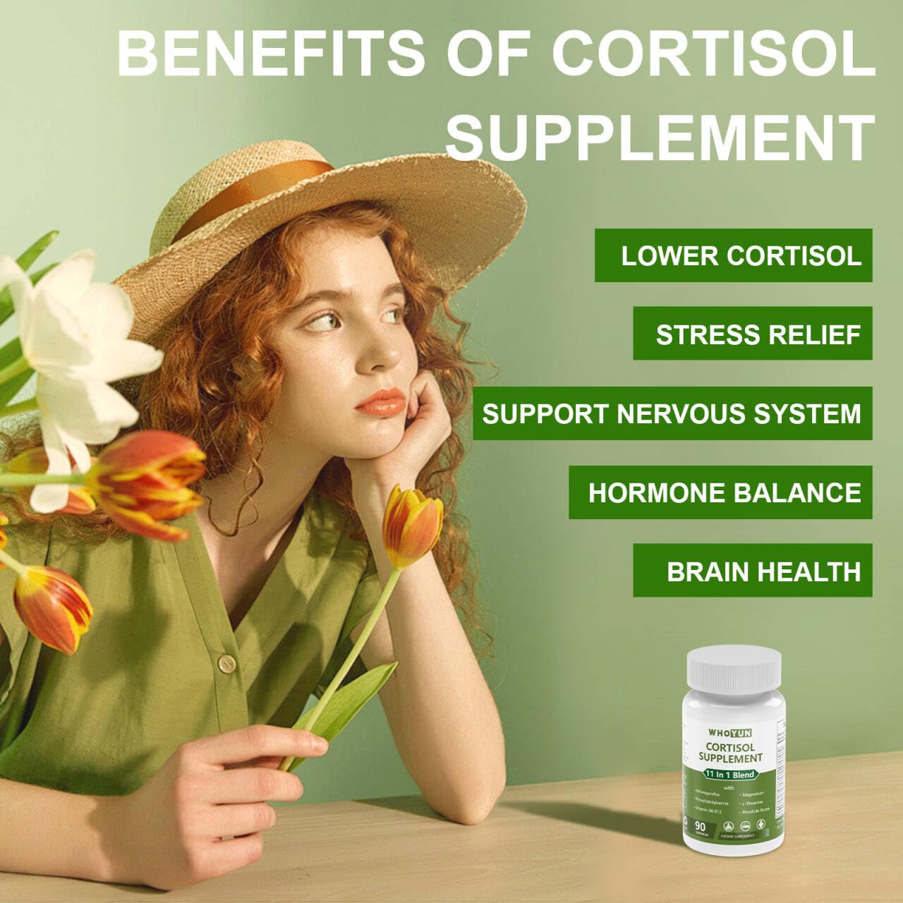 Whoyun Cortisol Supplement for Women, 11 in 1 Lower Cortisol Blend with Ashwagandha, Phosphatidylserine, Magnesium, L-Theanine, Vegan, 90 Capsules WhoyunBuy Supplements Australia