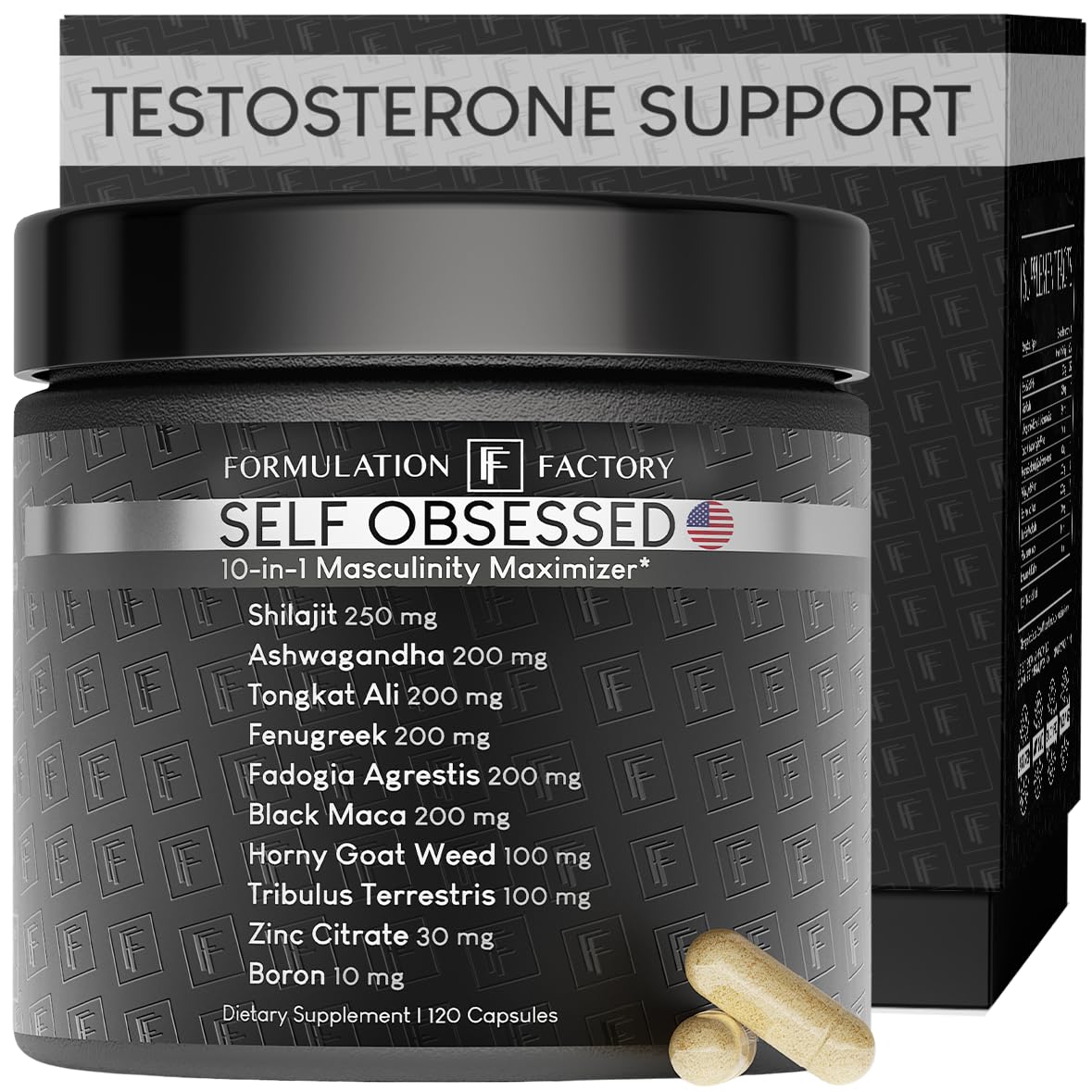 Self Obsessed Masculine Vitality & Testosterone Support - 10-in-1 Complex with Shilajit, Tongkat Ali, & Fadogia Agrestis - 120 Capsules, 2 Month Supply (120 Count (Pack of 1), Self Obsessed) Formulation FactoryBuy Supplements Australia