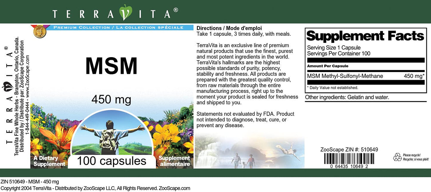 MSM - 450 mg (100 Capsules, ZIN: 510649) - 3 Pack TerravitaBuy Supplements Australia