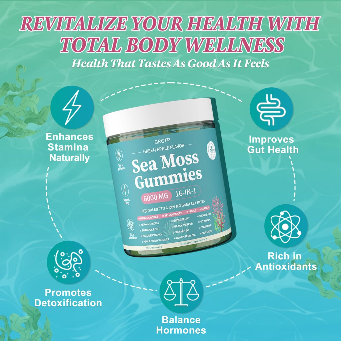 Sea Moss Gummies 16-in-1 - Ashwagandha Black Seed Oil Bladder Wrack Turmeric Vitamin C & D3 with Manuka Burdock Root Dandelion Yellow Dock Natural Detox & Liver Health Immune Support, Energy Boost GRGTPBuy Supplements Australia
