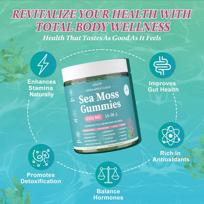 Sea Moss Gummies 16-in-1 - Ashwagandha Black Seed Oil Bladder Wrack Turmeric Vitamin C & D3 with Manuka Burdock Root Dandelion Yellow Dock Natural Detox & Liver Health Immune Support, Energy Boost GRGTPBuy Supplements Australia