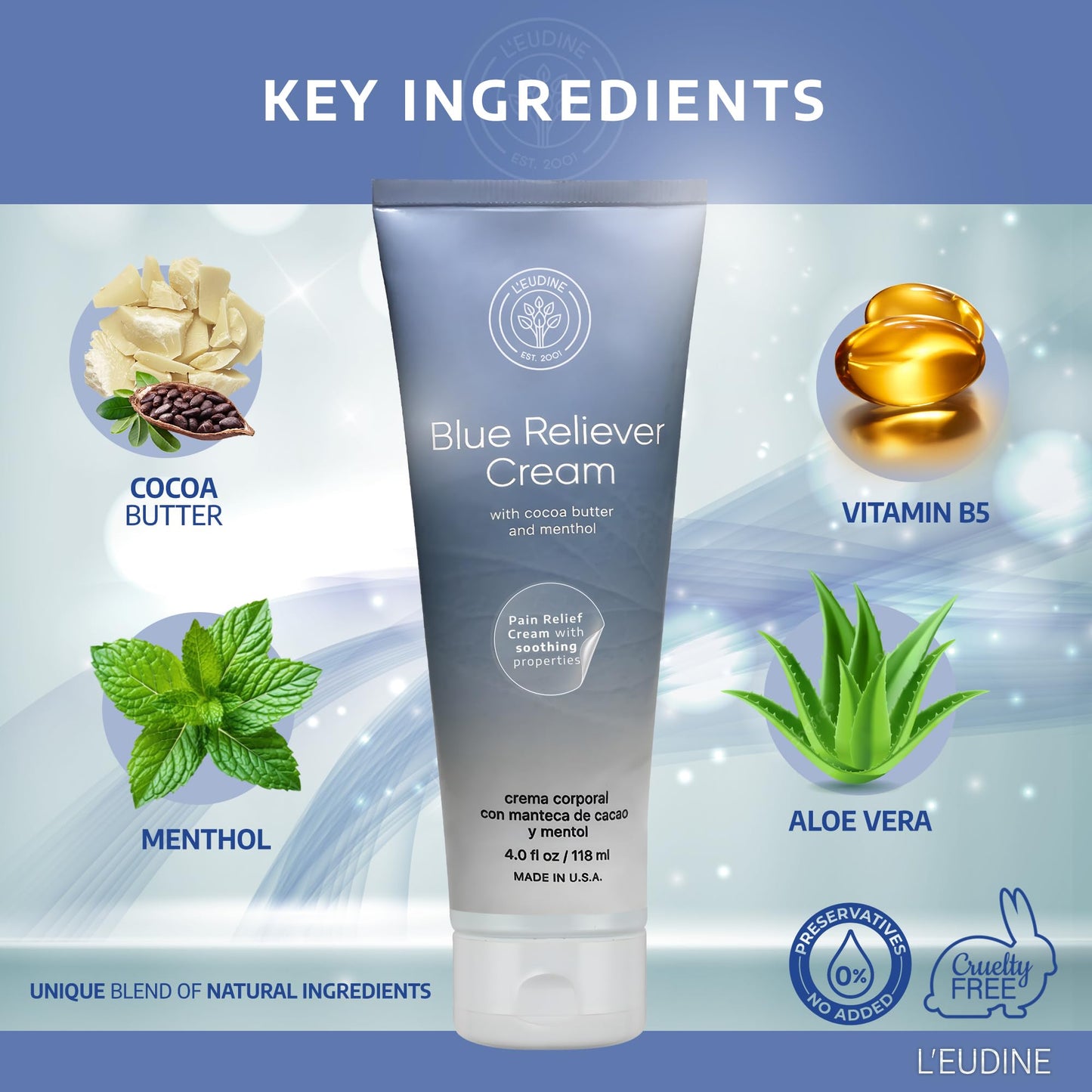 L'EUDINE Blue Reliever Cream – Joint and Muscle Therapy, Body Cream with Cocoa Butter and Menthol L'eudineBuy Supplements Australia