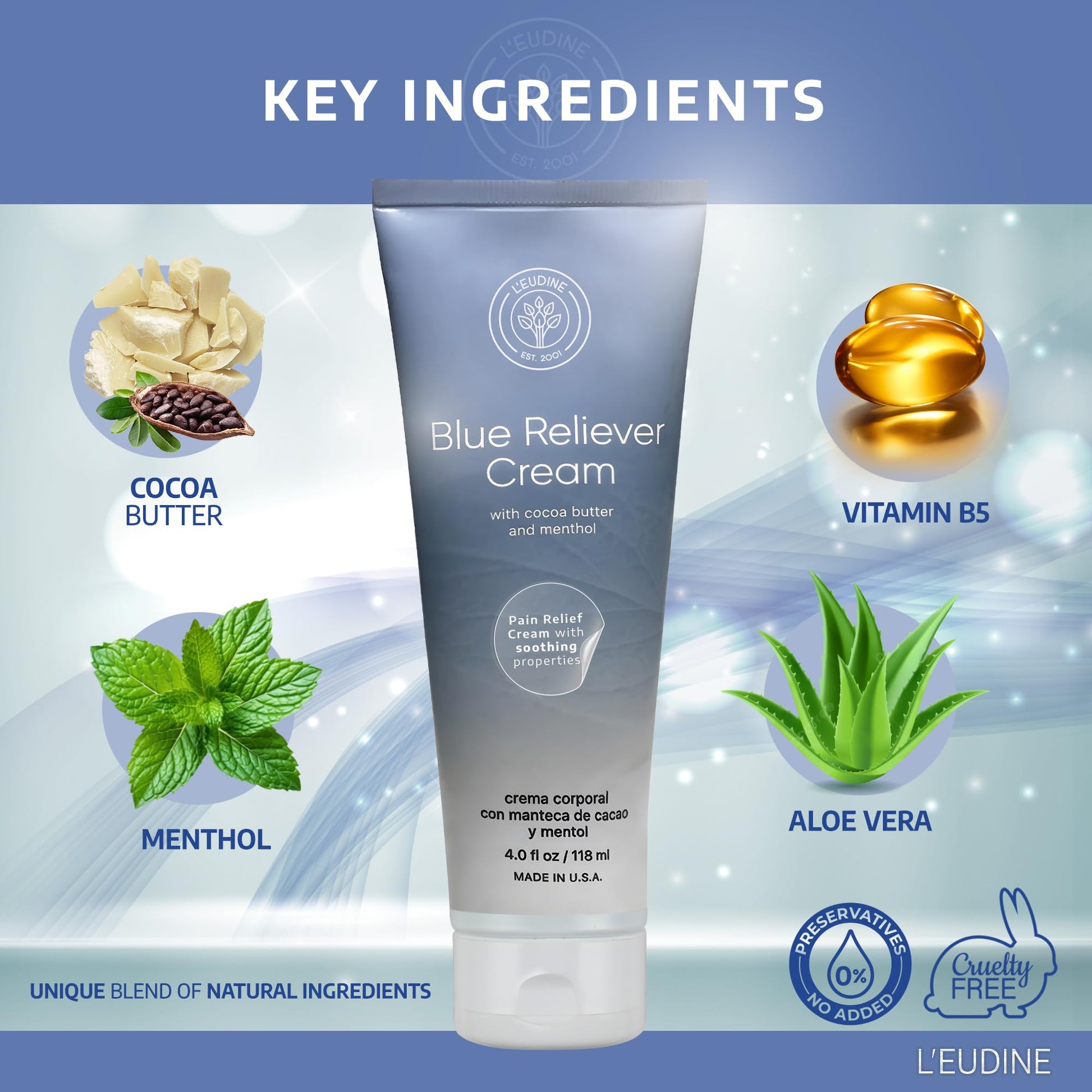 L'EUDINE Blue Reliever Cream – Joint and Muscle Therapy, Body Cream with Cocoa Butter and Menthol L'eudineBuy Supplements Australia