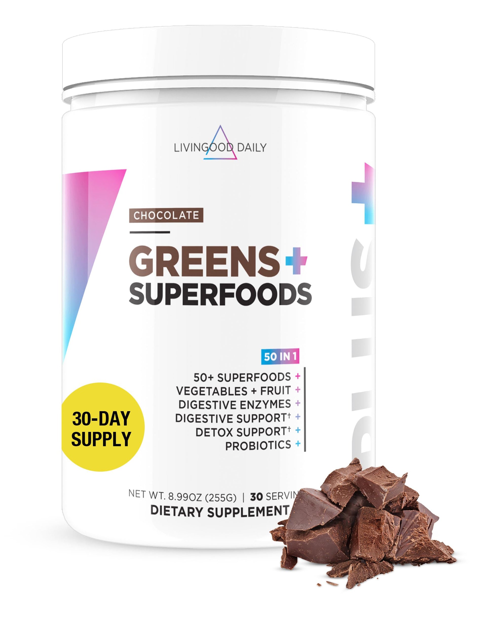 Livingood Daily Greens & Superfood Powder, Super Greens for Gut Health, Green Juice Powder with Spirulina, Chlorella, and Digestive Enzymes, Probiotics for Digestive Support, Chocolate, 30 Servings Livingood DailyBuy Supplements Australia