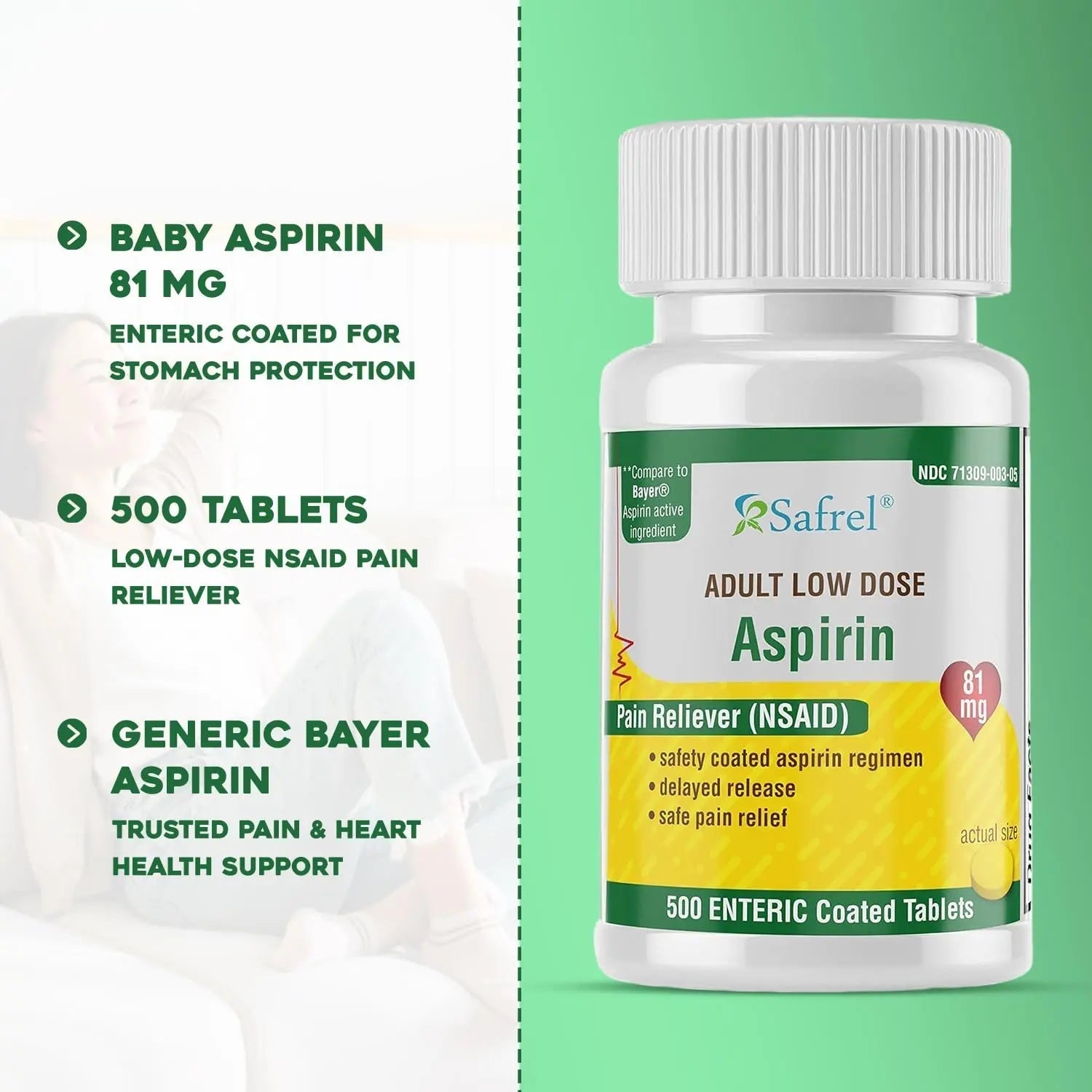 Safrel Generic Bayer Baby Aspirin 81 mg (500 Enteric Coated Tablets) | Adult Low Dose Strength Safe Pain Reliever (NSAID) for Minor Aches | Value Pack SafrelBuy Supplements Australia