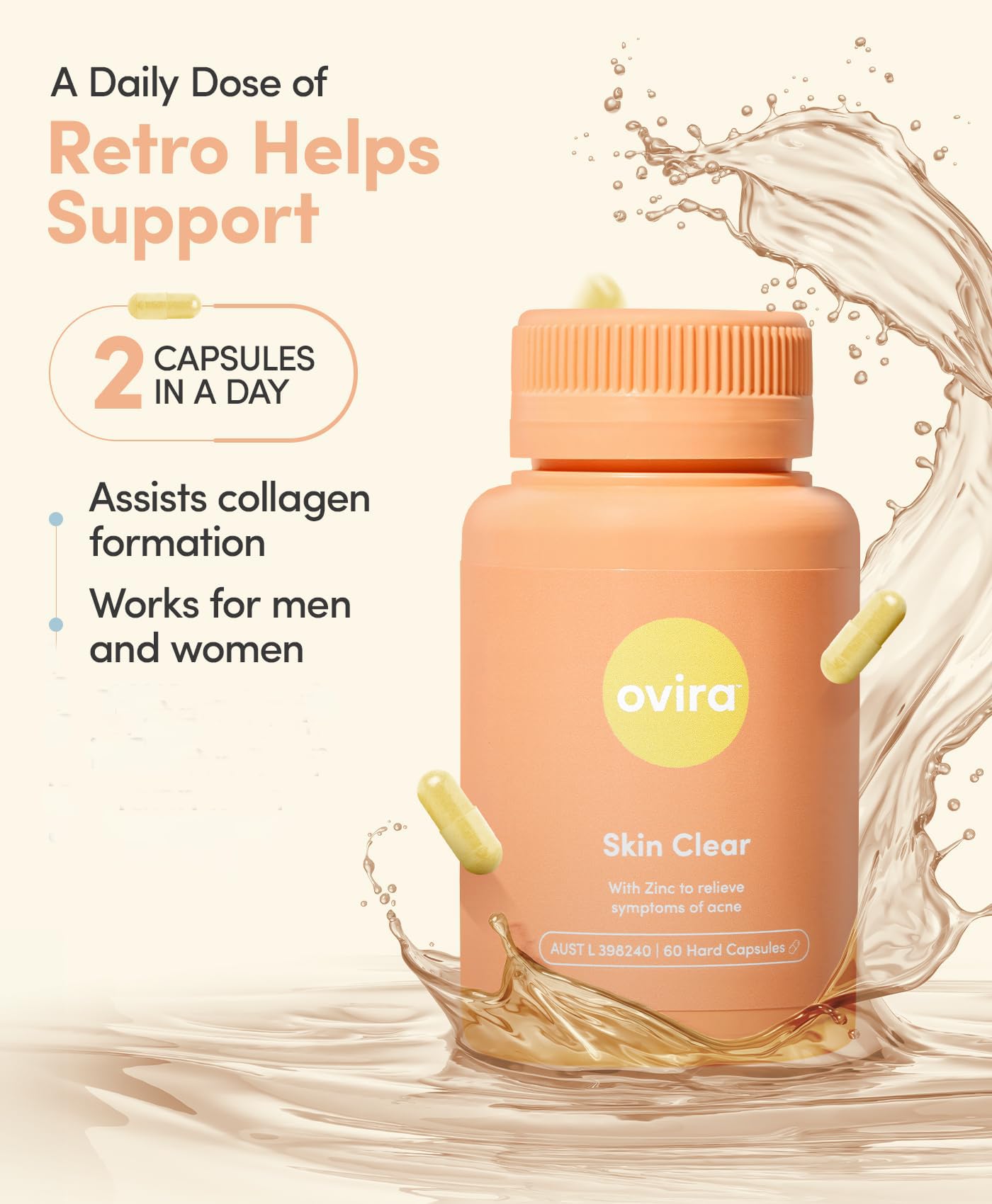 Ovira Skin Clear with ZINCBRIGHT - 60 Capsules for Clear and Glowing Skin | Rosacea & Hormonal Acne Treatment | Support Collagen Production | Acne Supplements for Women & Men - Pack of 2 OviraBuy Supplements Australia