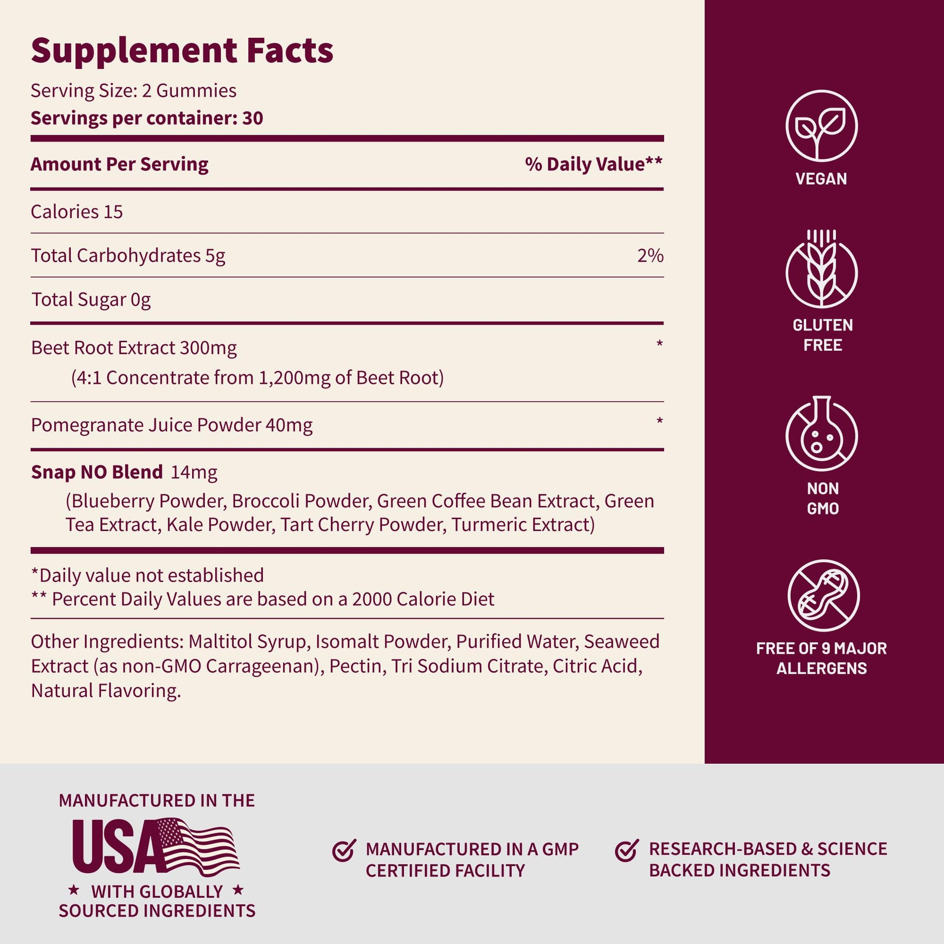 Snap Supplements Nitric Oxide Gummies - Beet Root Extract 300mg, Sugar Free Beetroot Supplement with Pomegranate Powder for Circulation & Natural Energy, 60 Vegan Gummies, Cherry Flavor Snap SupplementsBuy Supplements Australia