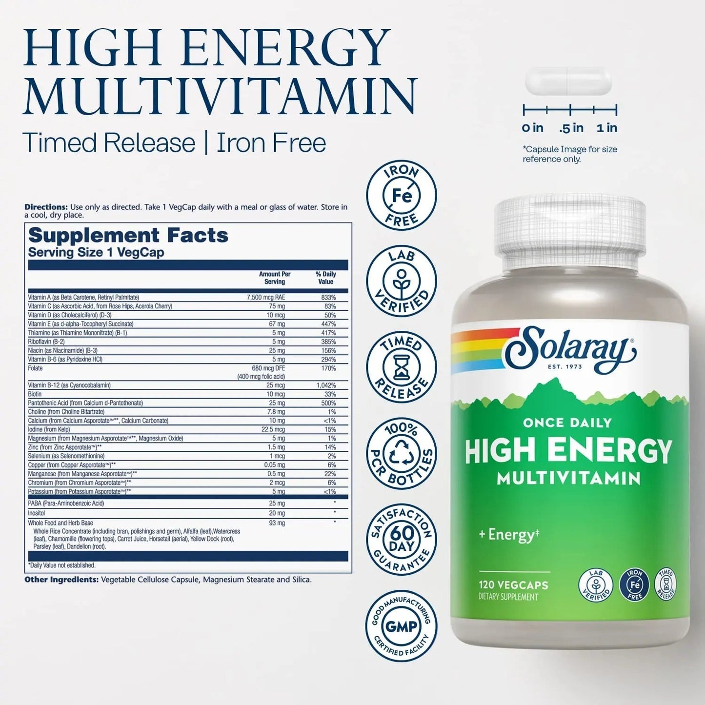 SOLARAY High Energy Multivitamin, No Iron, 1/Day, Timed-Release Formula, Whole Food & Herb Base 120 VegCaps SOLARAYBuy Supplements Australia