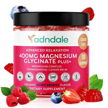 Adndale 90 CT Magnesium Glycinate 400 mg Gummies with Ashwagandha, Magnesium Malate & Taurate, Sugar Free Magnesium Gummies