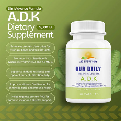 Daily Vites, ADK Vitamin Supplement 5000 IU, 90 Capsules - 3 Months Supply - High Potency Vitamin A, D3 & K2 (MK-7) - Physician Formulated ADK for Bone, Heart AND GIVE US TODAY OUR DAILYBuy Supplements Australia