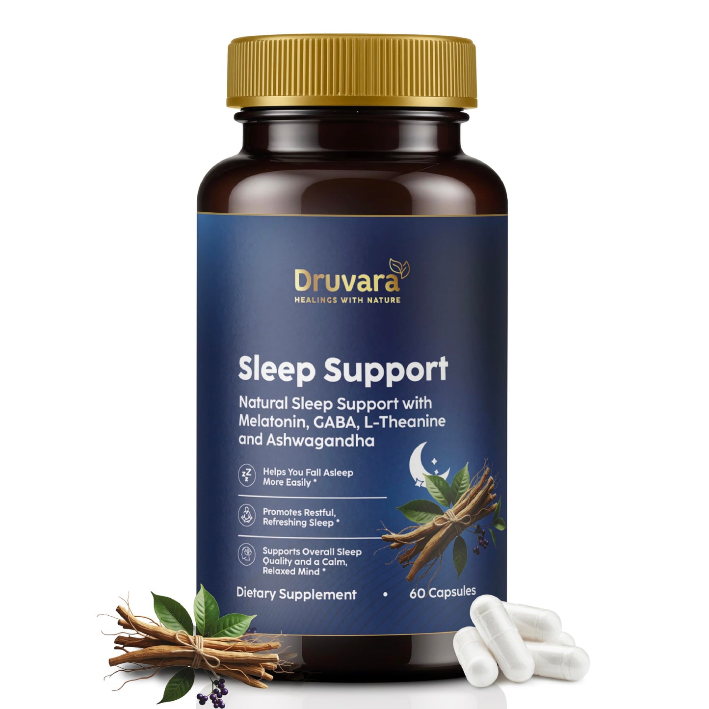 Druvara Natural Sleep Aid for Adults with Melatonin, GABA, L-Theanine & Ashwagandha, Natural Sleep Supplement for Deep, Restful Sleep - 60 Capsules DruvaraBuy Supplements Australia