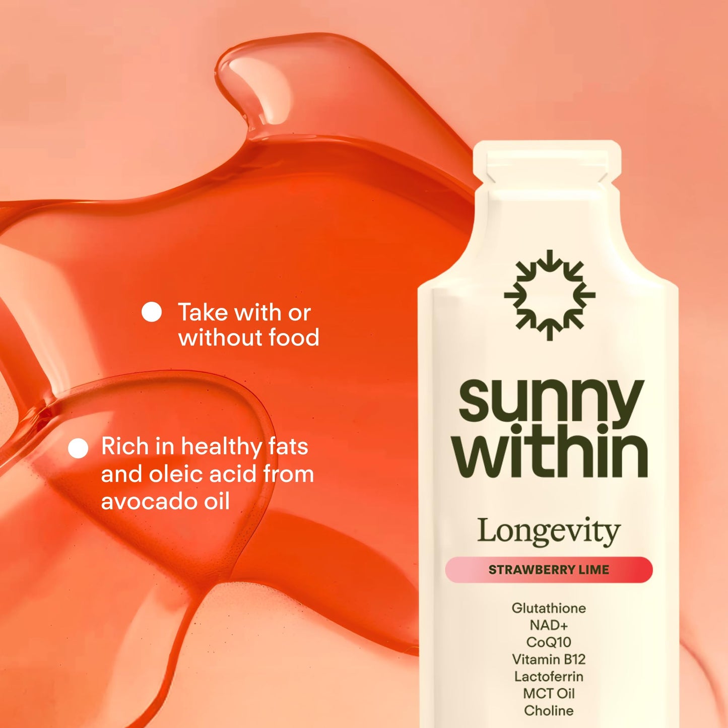 Sunny Within - Liposomal Glutathione Supplement NAD+ Longevity Mix w/Liquid NAD+, CoQ10, B12, MCT & Avocado Oil – Cellular Health, Energy, Brain, Gut & Heart Support* – Strawberry Lime – 30 Pouches Sunny WithinBuy Supplements Australia