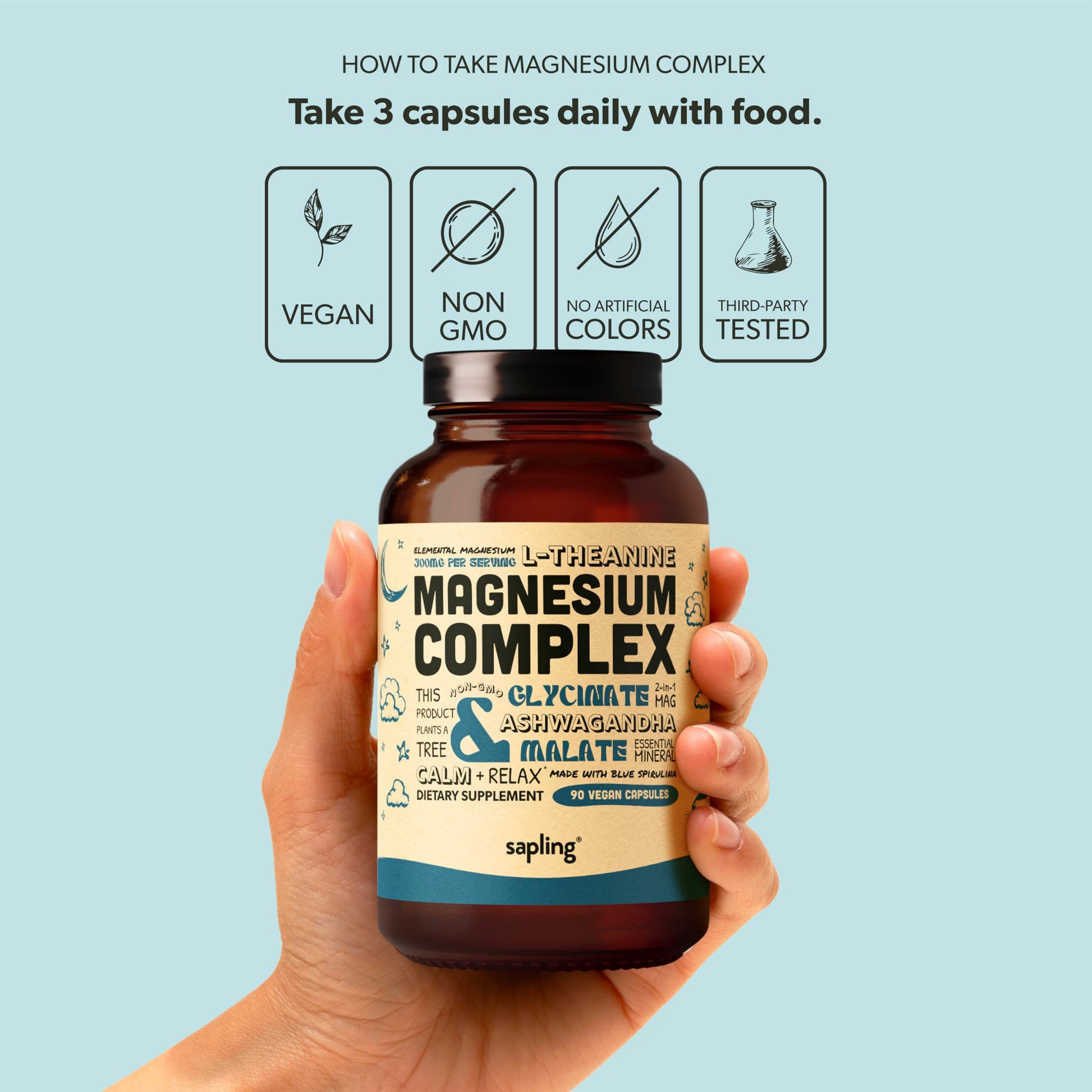 Magnesium Glycinate Complex Supplement - Chelated Magnesium Glycinate with Malate, Organic Ashwagandha, L-theanine & Blue Spirulina - High Absorption, Vegan, Non-GMO, 300mg, 90 Veggie Caps saplingBuy Supplements Australia