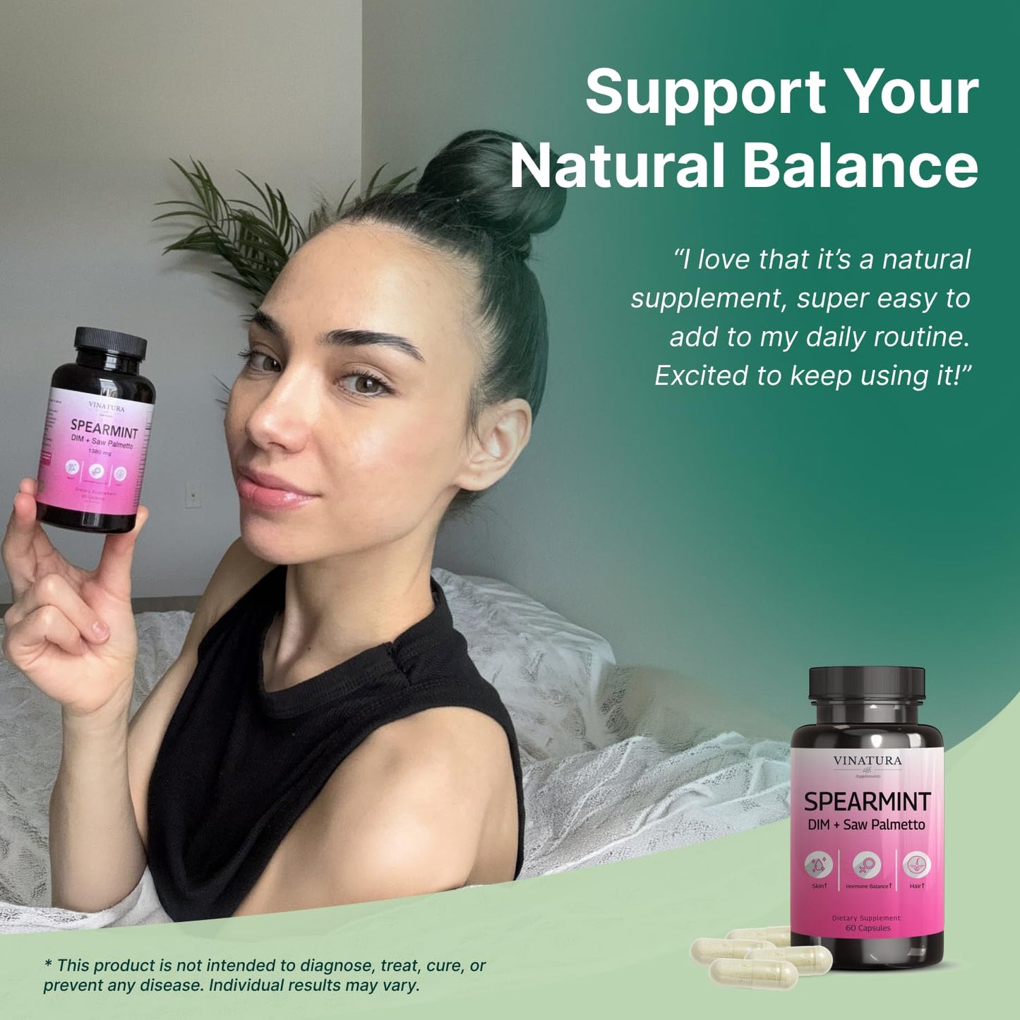 VINATURA Spearmint Leaf Capsules Supplement - Enhanced with DIM & Saw Palmetto, for Unwanted Hair, Women' Health & Skin *USA Made & Tested* - 1380mg/serving, 60 Capsules (30 Servings) VINATURABuy Supplements Australia