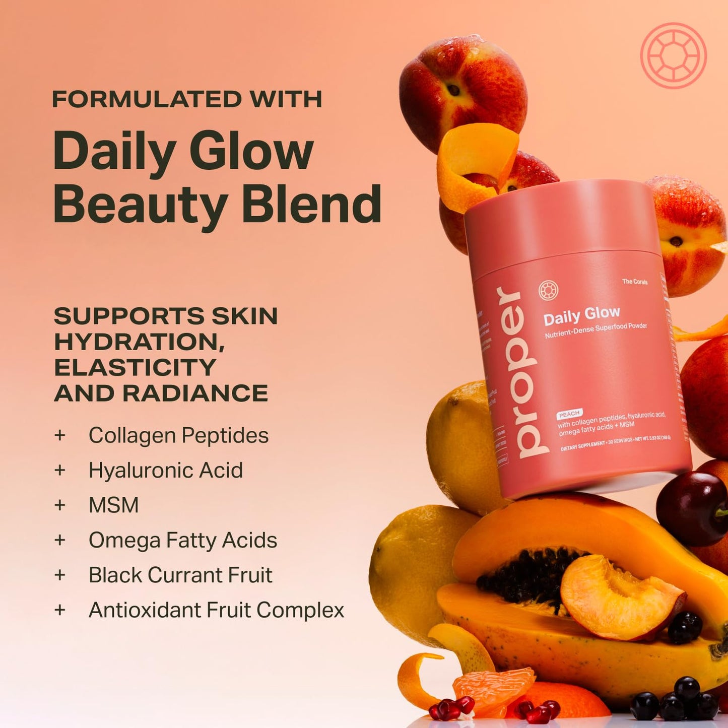 Proper, The Corals Daily Glow Beauty Blend - Nutrient Dense Superfood Powder with Collagen Peptides, Hyaluronic Acid Powder, Vitamin C, and MSM. Hair, Skin, Nail Vitamin Supplement for Women & Men ProperBuy Supplements Australia