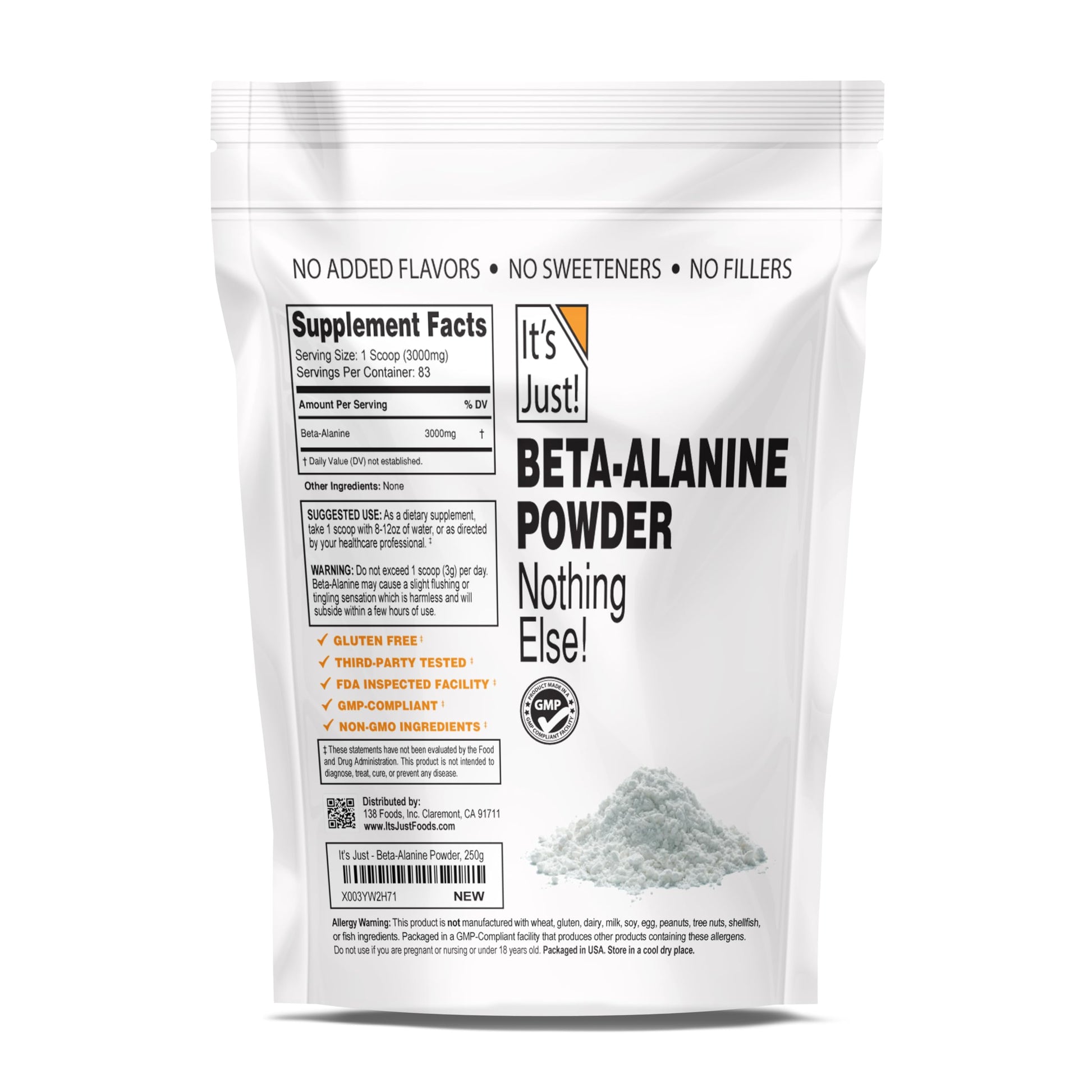 It's Just! - Beta-Alanine Powder, Pre-Workout Supplement, 250g Bulk, Unflavored It's Just!Buy Supplements Australia